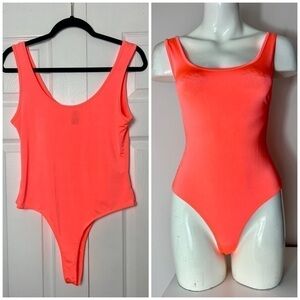 Votique Neon Orange Scoop Neck Slinky Stretch Bodysuit One Piece Size Large